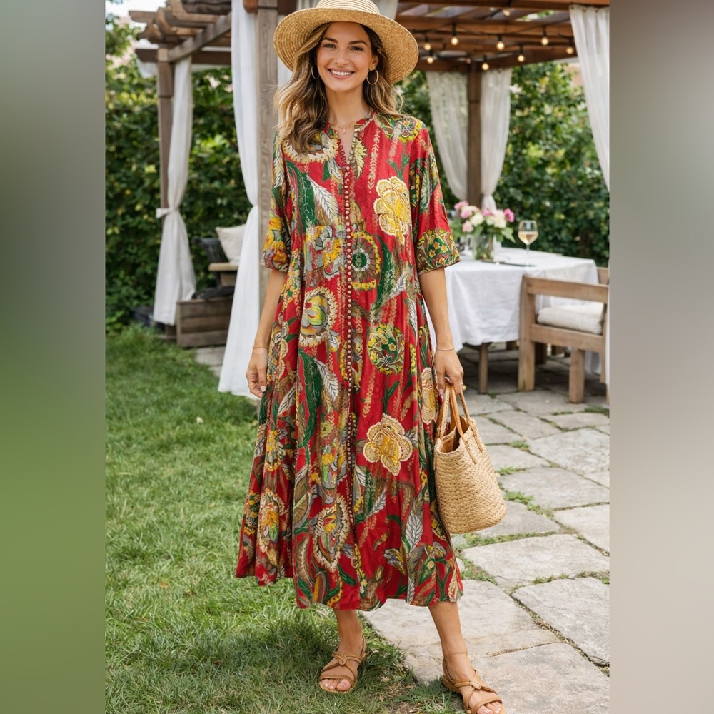 GENERATION Floral Red Gold Indian Inspired Covered Button Maxi Dress Size 12